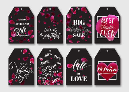 Romantic gift, sale tags set with flying rose petals and handwritten lettering. Valentine's Day holiday vector illustration.のイラスト素材