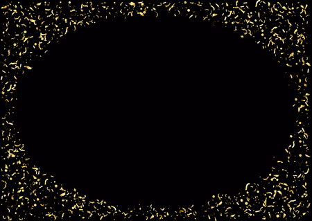 Abstract background with flying subtle golden gradient confetti. Vector illustration isolated on black background. Blank holiday template.のイラスト素材