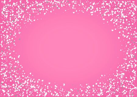 Abstract background with flying white heart shaped confetti. Vector illustration on pink background. Blank Valentines Day holiday template.のイラスト素材