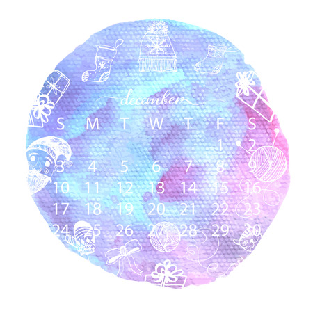 Watercolor texture calendar 2017. December handwritten calligraphy. Vector illustration with hand drawn doodle design elements santa claus, gift boxes, warm sock, mittens .のイラスト素材