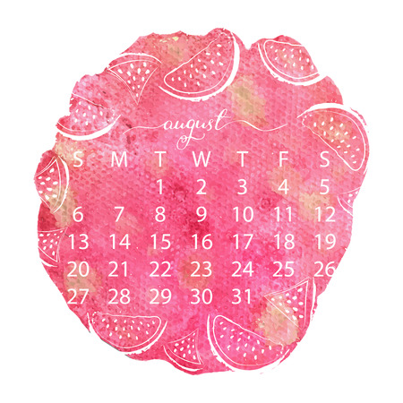 2017 watercolor texture calendar. August handwritten calligraphy. Vector illustration with doodle watermelon slices.のイラスト素材