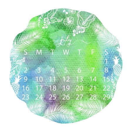 2017 watercolor texture calendar. July handwritten calligraphy. Vector illustration with doodle design elements tropical flowers, palm twigs, pineappesのイラスト素材