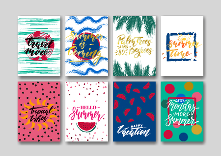 Summer greeting card templates set with grunge tropical design elements, dry brush handwritten lettering. Vector illustration.のイラスト素材