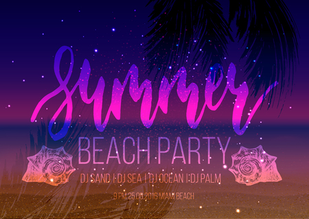 Summer night party poster, flyer template with tropical trees, seashells, sand, water line, stars. Vector illustrationのイラスト素材