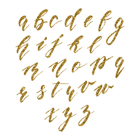 Hand drawn english calligraphic alphabet with gold glitter texture. Each letter isolated on a white background. Vector illustration.のイラスト素材