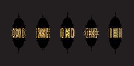 Vector Icons set of golden arabic Ramadan lanterns. Isolated on a black background.のイラスト素材
