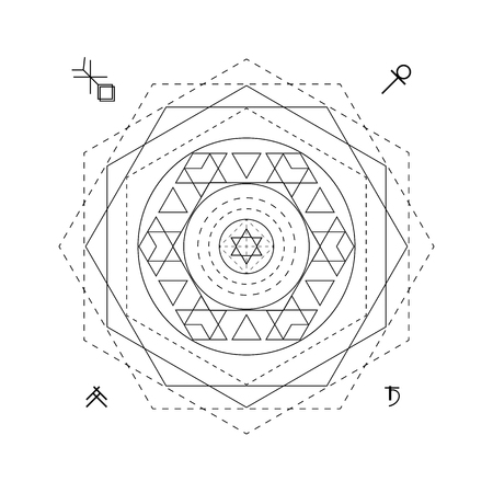 Mystical geometry symbol. Linear alchemy, occult, philosophical sign. For music album cover, poster, flyer, sacramental logo design. Astrology, imagination creativity superstition religion conceptのイラスト素材