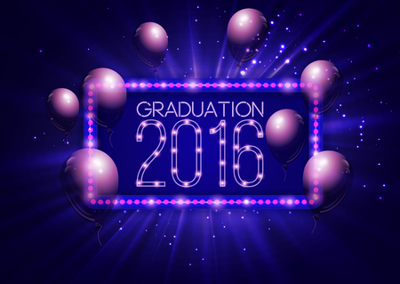 Graduation 2016 class of, luxury design for the graduation party poster, flyer. Vintage lighting banner vector illustration. Shining retro frame in blue color.のイラスト素材