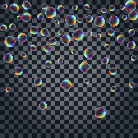 Abstract background with the multicolored realistic soap bubbles with rainbow reflection. Vector illustration isolated on transparent background.のイラスト素材