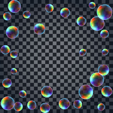 Abstract background with the multicolored realistic soap bubbles with rainbow reflection. Vector illustration isolated on transparent background.のイラスト素材