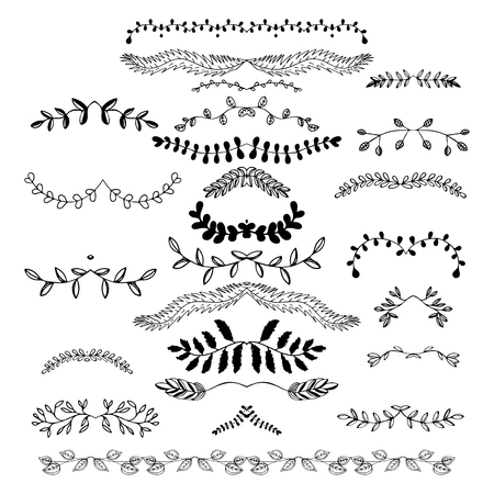 Hand drawn floral borders, dingbats, dividers, wreaths for the page decoration. Vector illustration isolated on the white background. Can be used for birthday card, wedding invitations, book page decoration.のイラスト素材