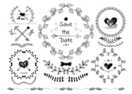 Set of hand drawn decorative wedding design elements.のイラスト素材