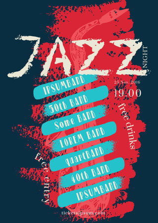 Vector jazz, rock or blues music poster template. Hand painted stains. Abstract background for card, flyer, leaflet, brochure, banner, web design.のイラスト素材