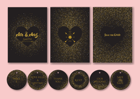 Wedding set cards and tags with the abstract golden confetti backgrounds.のイラスト素材