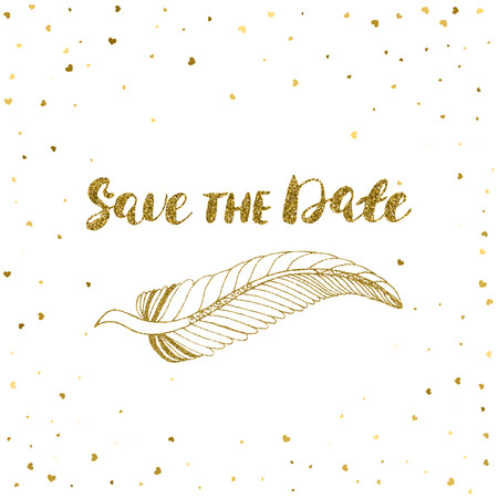 Template for card, banner, flyer, save the date invitation , birthday party, with the golden feather.のイラスト素材