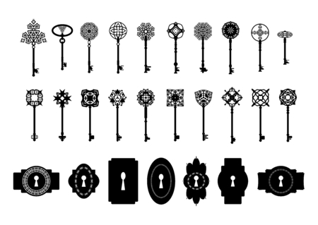 Vintage silhouette keys and keyholes collection. Isolated on the white background.のイラスト素材