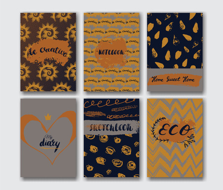 Trendy card with patterns, hand drawn words and ink brush strokes. Business creative contemporary design. Templates for placards, posters, flyers, diary, notebook, invitations, leaflets.のイラスト素材