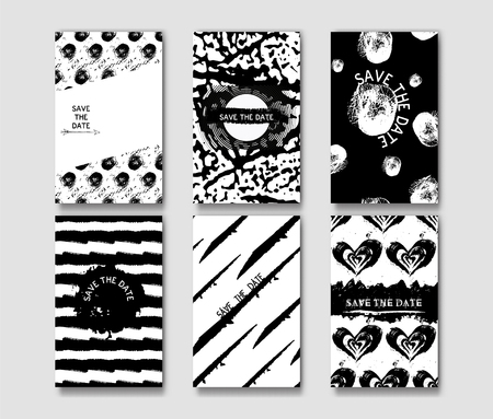 Set of the grunge card templates. Ideally for the Save The Date, baby shower, mothers day, valentines day, birthday cards, invitations, book cover. Hand painted stains, blots and lines with the deliciously rough edges. Vector illustration.のイラスト素材