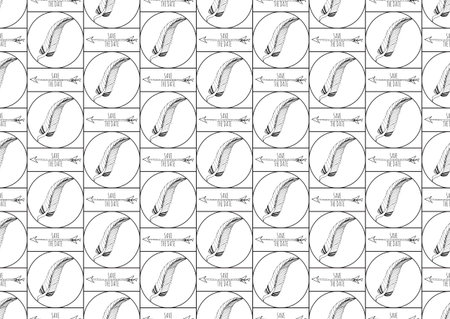 Vintage seamless pattern with hand-drawn feathers and arrows. Vector illustration.のイラスト素材