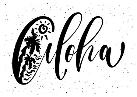 Aloha. Ink brush pen hand drawn phrase lettering design. Vector illustration isolated on a ink grunge background, typography for card, banner, poster, photo overlay or t-shirt design.のイラスト素材