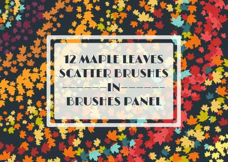 12 autumnal maple leaves scatter brushes set in the brush panel. Vector illustration.