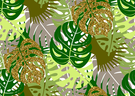 Seamless pattern with trendy tropical summer motifs, exotic leaves and plants. Gold glitter texture, green, brown colors.のイラスト素材