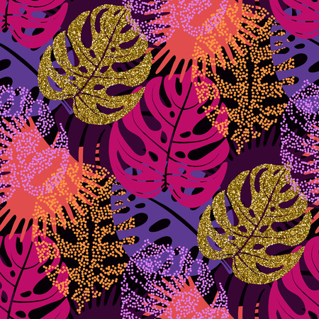 Seamless pattern with trendy tropical summer motifs, exotic leaves and plants. Golden glitter texture, pink, lilac colors.のイラスト素材