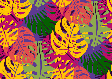 Seamless pattern with trendy tropical summer motifs, exotic leaves and plants. Orange, green, pink, blue colors.のイラスト素材