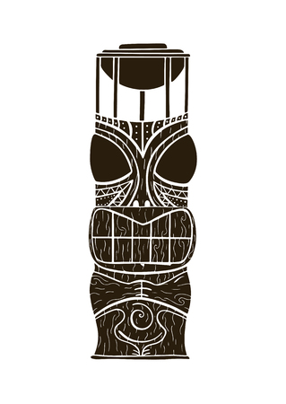 Wood Polynesian Tiki idol, god statue carving. Vector illustration tattoo design. Isolated on a white.のイラスト素材