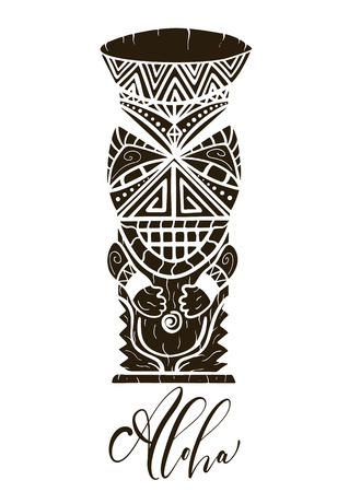 Wood Polynesian Tiki idol, god statue carving. Aloha handwriting lettering. Vector illustration tattoo design. Isolated on a white.のイラスト素材