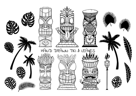 Wood Polynesian Tiki idols, gods statue carving, torch, palm trees, tropical leaves. Line art vector illustration set.のイラスト素材