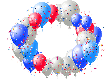 Abstract background with scattered confetti and balloons. Blank festive holiday card template for Independence day, Patriot Day, Memorial day, Veterans day, Presidents day.のイラスト素材