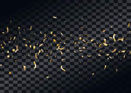 Abstract background with flying in the air scattered golden confetti. Blank holiday event celebration template. Vector illustration isolated on transparent background.のイラスト素材