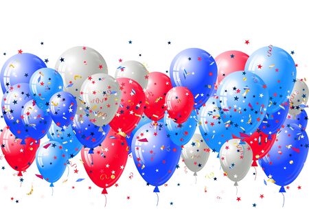 Abstract background with scattered confetti and balloons. Blank festive holiday card template for Independence day, Patriot Day, Memorial day, Veterans day, Presidents day.のイラスト素材