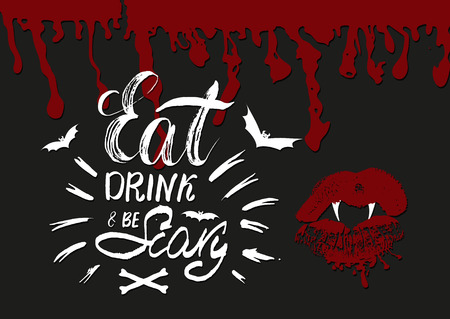 Happy Halloween poster, banner, card, invite template with hand lettering, bloody vampire lips and blood dripping drops, splatters. Retro vector illustration.のイラスト素材