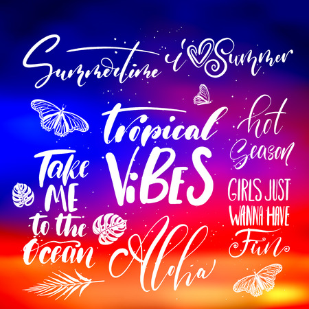 Handwritten lettering, summer holidays and vacation quotes set on abstract blurry sunrise, sundown sky texture backdropのイラスト素材