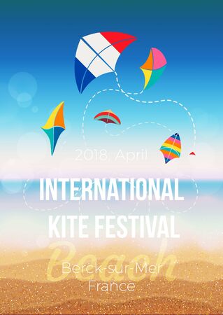 Poster, flyer, invitation template for the kite festival. Sunny beach party, flying kites in the sky. Vector illustration.のイラスト素材