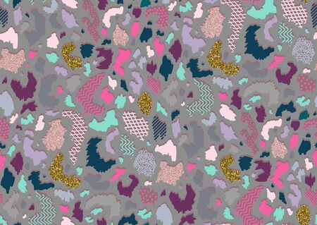 Abstract animal skin leopard seamless pattern design. Jaguar, leopard, cheetah, panther fur. Black and white, golden and pink glitter texture seamlessのイラスト素材