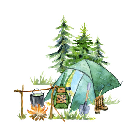Watercolor hiking arrangement isolated on a white background: hiking boots, tent, bonfire, stick, shovel, forest.の写真素材