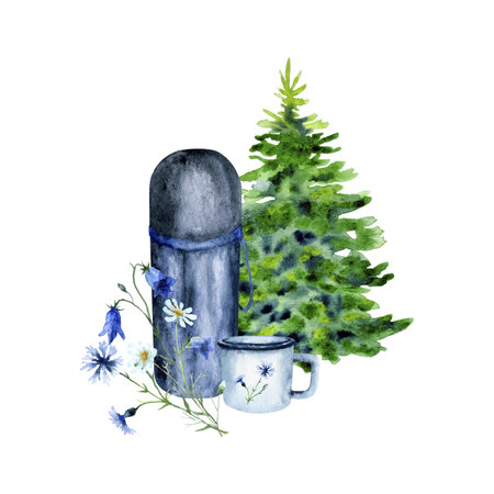 Watercolor hiking arrangement isolated on a white background: termos, enemal mug, stick, spruse tree, wild flowers.の写真素材