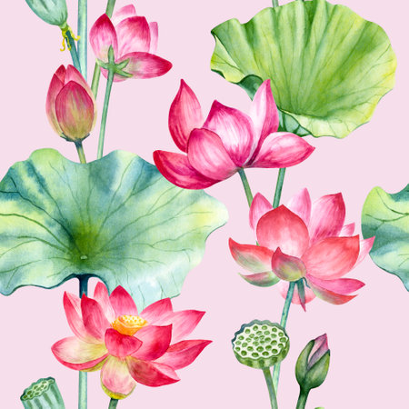 Watercolor pink lotus flowers seamless pattern. Hand drawn illustration isolated on a pink background.の写真素材
