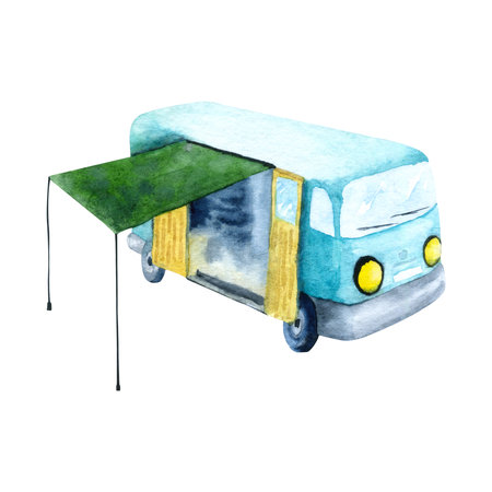 Watercolor illustration of motorhome with blind on a white background.の写真素材