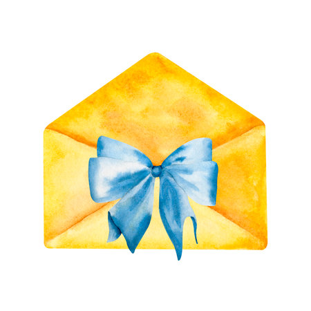 Watercolor illustration of rectangular envelope with a blue bow. Hand drawn element for compositions, design, print.の写真素材