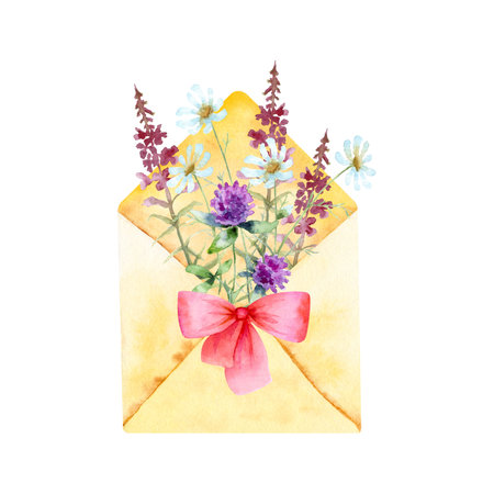 Watercolor illustration of summer message with purple wildflowers isolated on a white background. Symbol nature, decor, greeting card.の写真素材