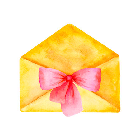 Watercolor illustration of rectangular envelope with a red bow. Hand drawn element for compositions.の写真素材