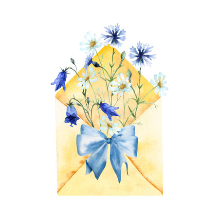Watercolor illustration of summer message with blue wildflowers isolated on a white background.の写真素材