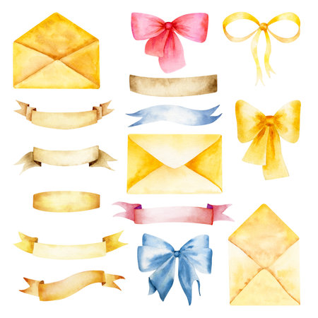 Watercolor set of envelopes, bows and ribbons. Hand drawn illustrations for compositions.の写真素材