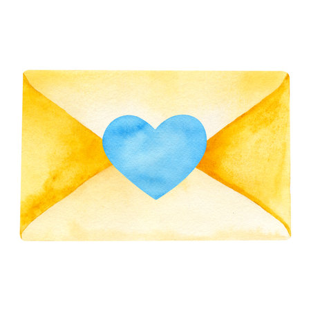 Hand drawn watercolor illustration of closed postal envelope with blue heart shaped sticker isolated on a white background.の写真素材