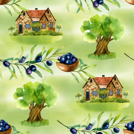 Watercolor seamless pattern of a farmhouse and black olives isolated on green background.の写真素材