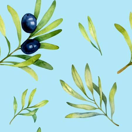 Watercolor seamless pattern of black olives isolated on a blue background.の写真素材
